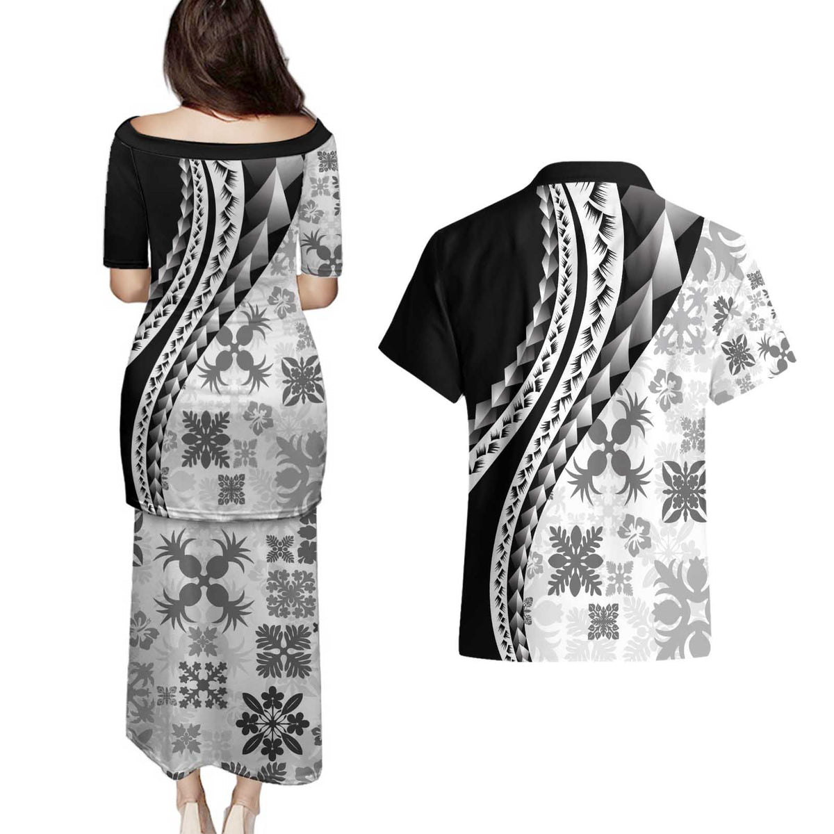 Black Hawaiian Quilt Pattern Couples Matching Puletasi and Hawaiian Shirt Mixed Polynesian Tribal Arty