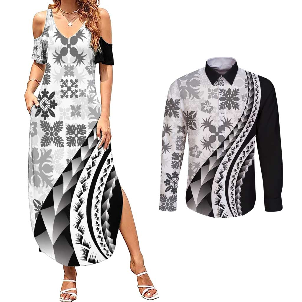 Black Hawaiian Quilt Pattern Couples Matching Summer Maxi Dress and Long Sleeve Button Shirt Mixed Polynesian Tribal Arty LT9 Black - Polynesian Pride
