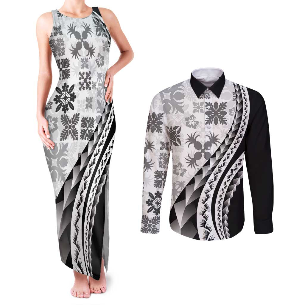 Black Hawaiian Quilt Pattern Couples Matching Tank Maxi Dress and Long Sleeve Button Shirt Mixed Polynesian Tribal Arty LT9 Black - Polynesian Pride