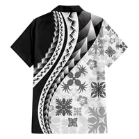 Black Hawaiian Quilt Pattern Family Matching Off The Shoulder Long Sleeve Dress and Hawaiian Shirt Mixed Polynesian Tribal Arty