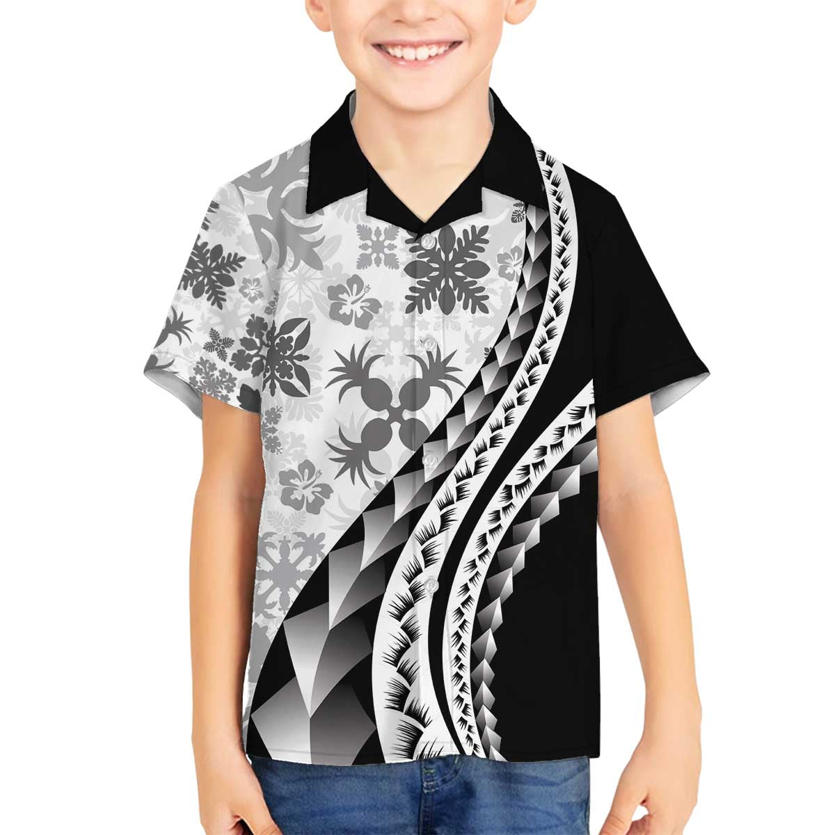 Black Hawaiian Quilt Pattern Family Matching Off The Shoulder Long Sleeve Dress and Hawaiian Shirt Mixed Polynesian Tribal Arty