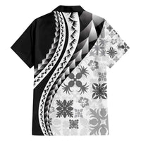 Black Hawaiian Quilt Pattern Family Matching Off Shoulder Short Dress and Hawaiian Shirt Mixed Polynesian Tribal Arty