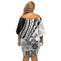 Black Hawaiian Quilt Pattern Family Matching Off Shoulder Short Dress and Hawaiian Shirt Mixed Polynesian Tribal Arty
