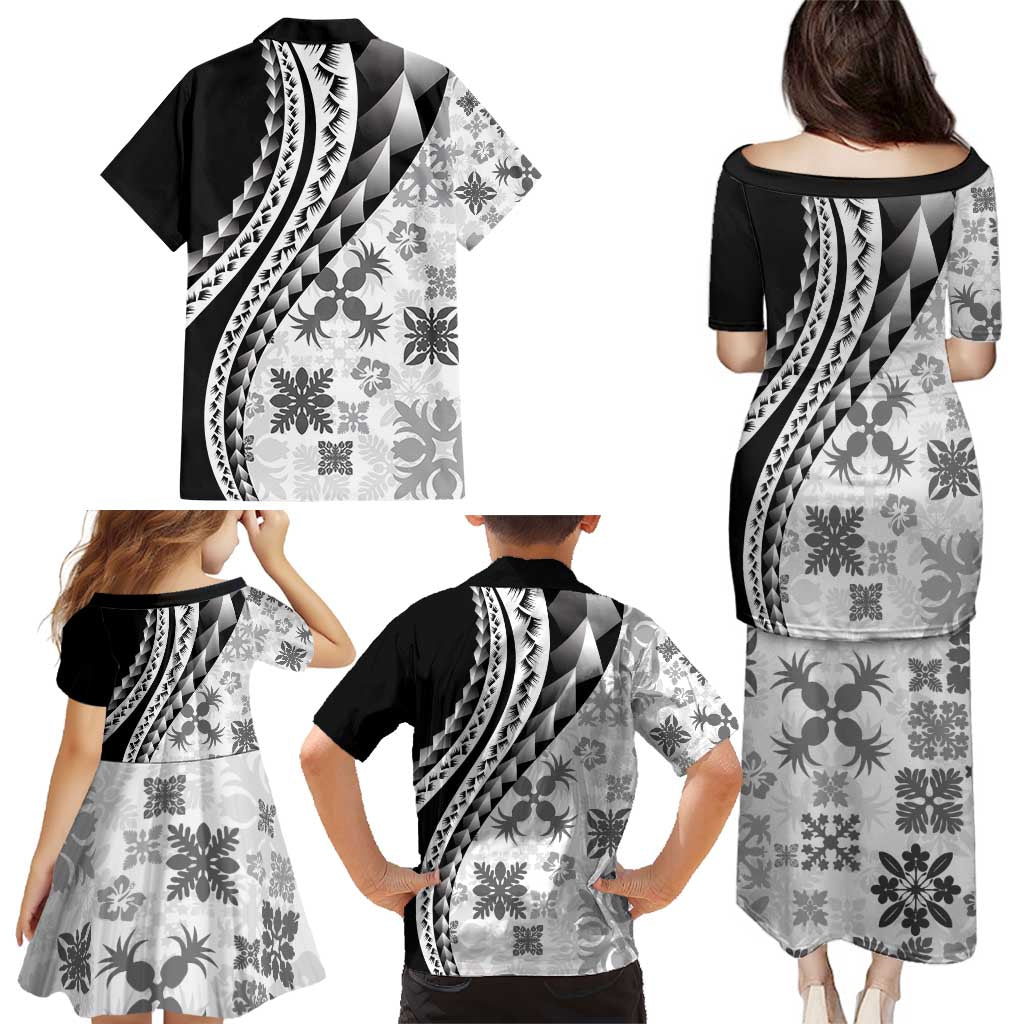 Black Hawaiian Quilt Pattern Family Matching Puletasi and Hawaiian Shirt Mixed Polynesian Tribal Arty