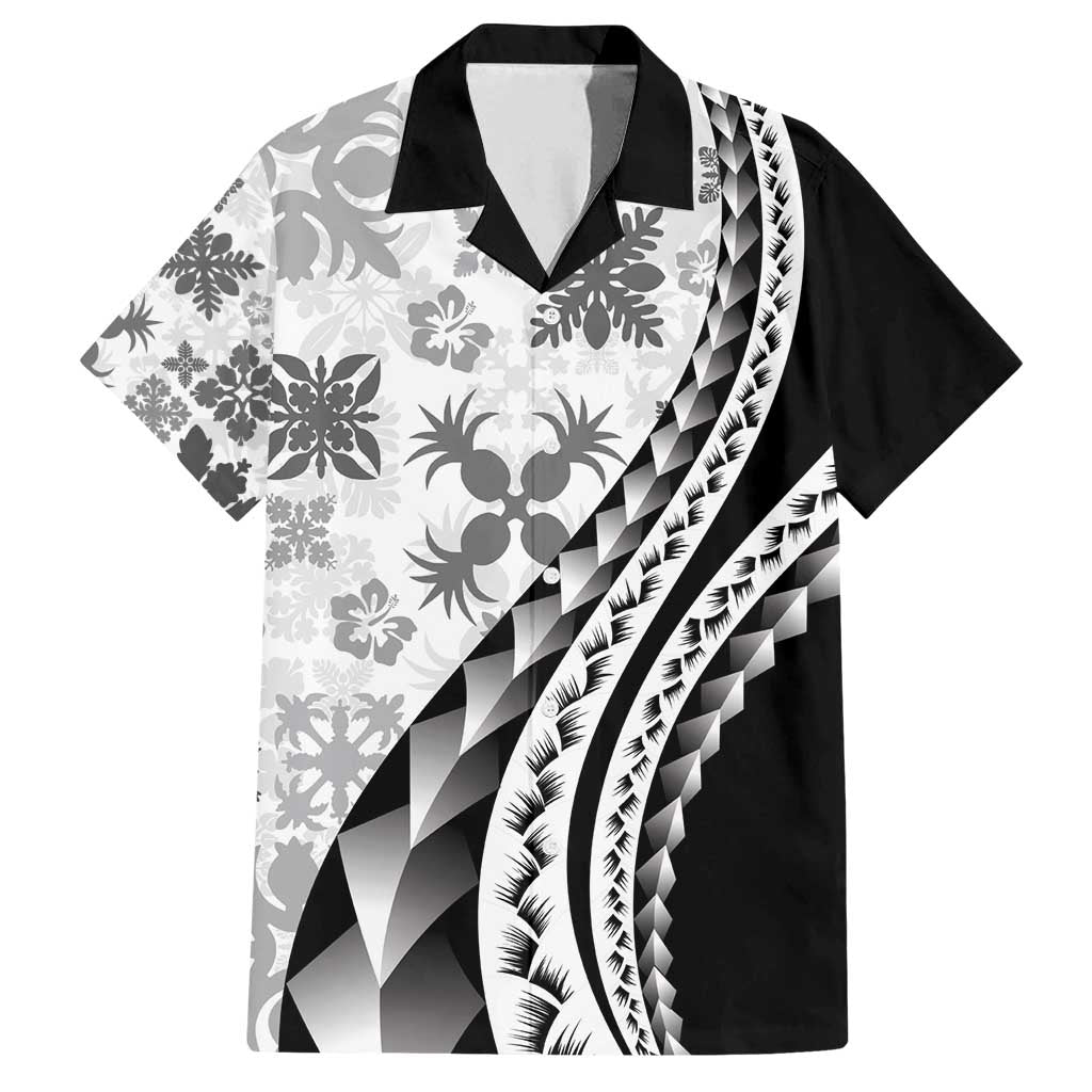 Black Hawaiian Quilt Pattern Family Matching Puletasi and Hawaiian Shirt Mixed Polynesian Tribal Arty