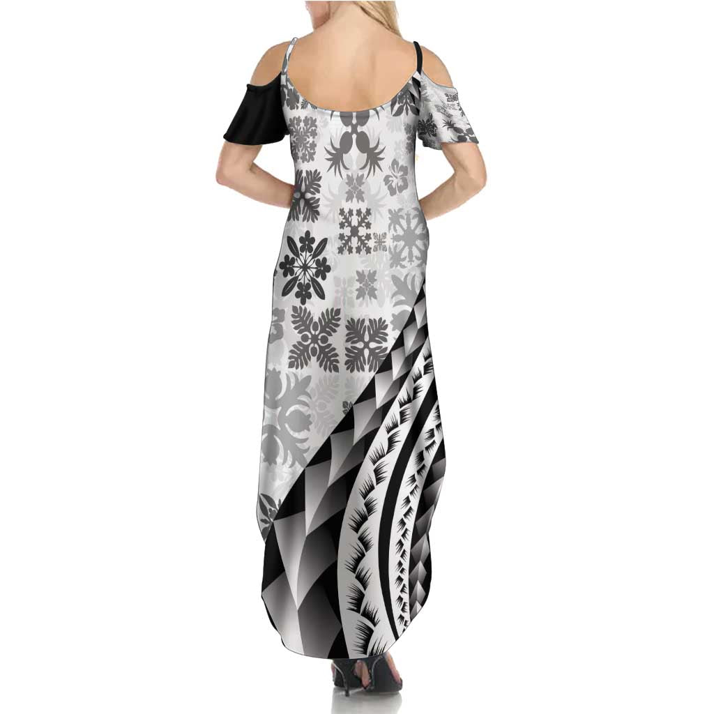 Black Hawaiian Quilt Pattern Family Matching Summer Maxi Dress and Hawaiian Shirt Mixed Polynesian Tribal Arty