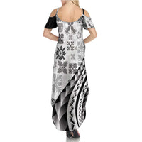 Black Hawaiian Quilt Pattern Family Matching Summer Maxi Dress and Hawaiian Shirt Mixed Polynesian Tribal Arty