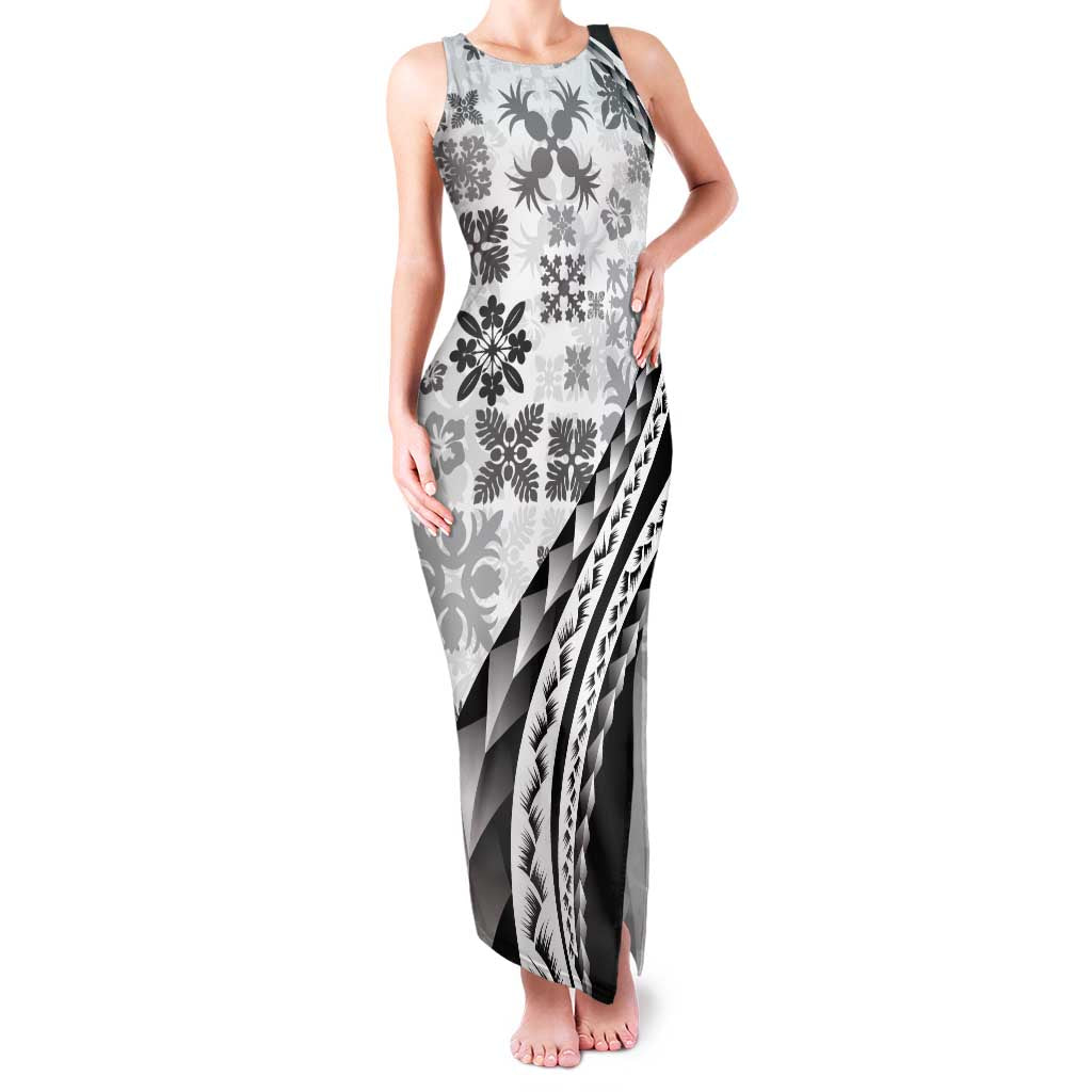 Black Hawaiian Quilt Pattern Family Matching Tank Maxi Dress and Hawaiian Shirt Mixed Polynesian Tribal Arty