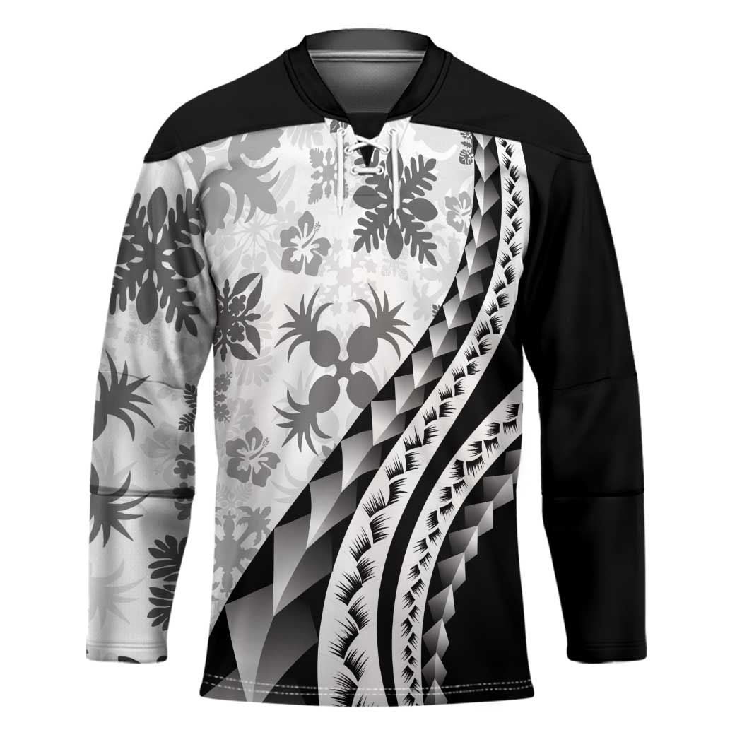 Black Hawaiian Quilt Pattern Hockey Jersey Mixed Polynesian Tribal Arty - Polynesian Pride