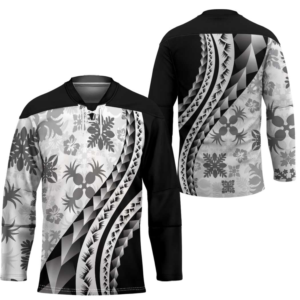 Black Hawaiian Quilt Pattern Hockey Jersey Mixed Polynesian Tribal Arty - Polynesian Pride