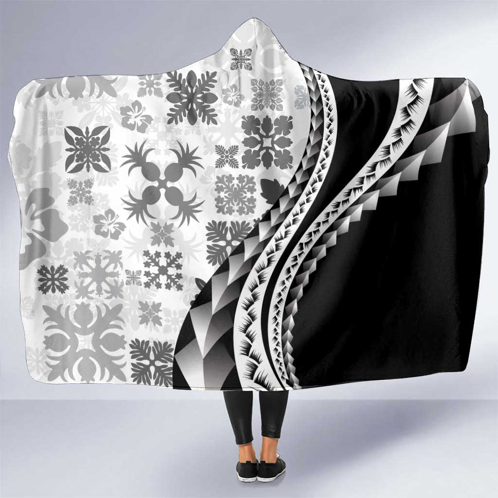 Black Hawaiian Quilt Pattern Hooded Blanket Mixed Polynesian Tribal Arty LT9 One Size Black - Polynesian Pride