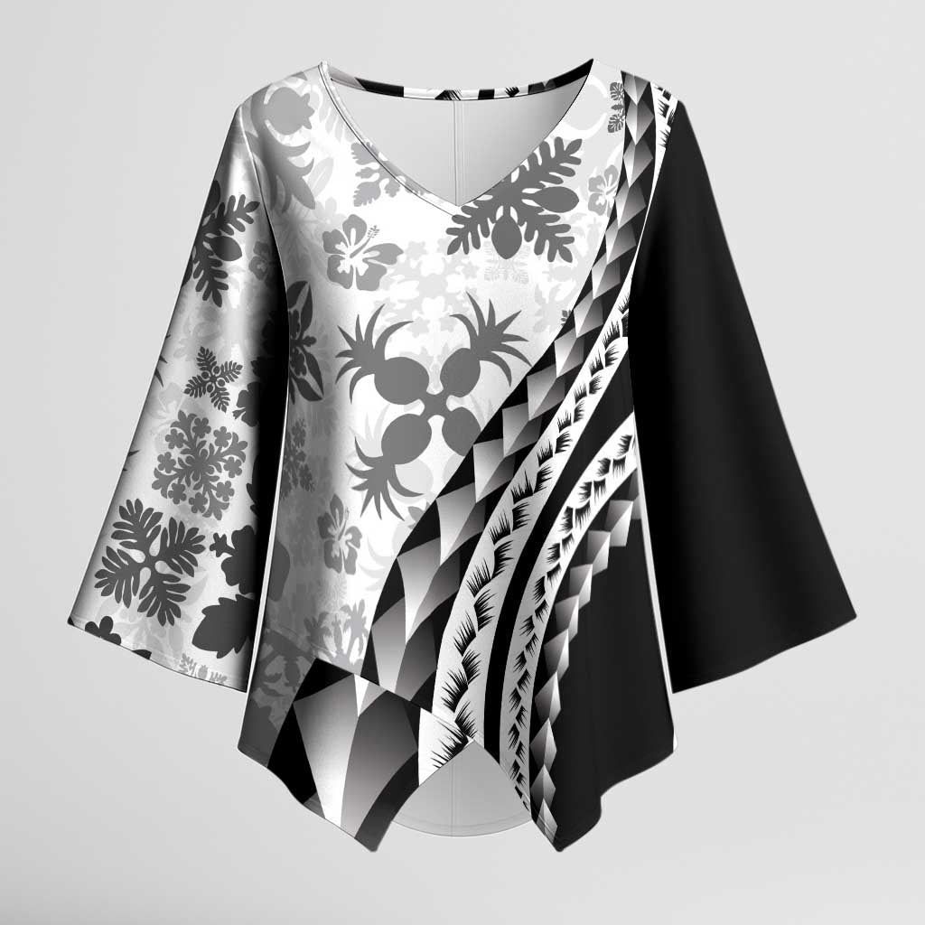 Black Hawaiian Quilt Pattern Kimono Sleeve Blouse Mixed Polynesian Tribal Arty LT9 Female Black - Polynesian Pride