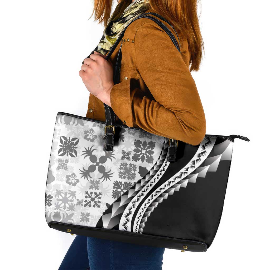Black Hawaiian Quilt Pattern Leather Tote Bag Mixed Polynesian Tribal Arty