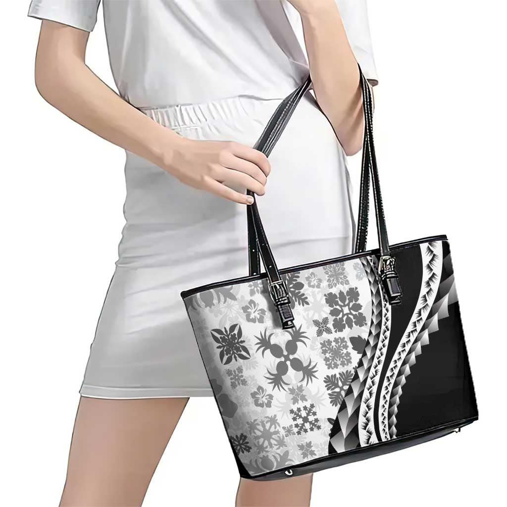 Black Hawaiian Quilt Pattern Leather Tote Bag Mixed Polynesian Tribal Arty