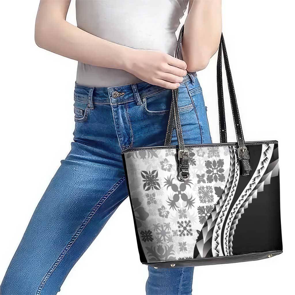 Black Hawaiian Quilt Pattern Leather Tote Bag Mixed Polynesian Tribal Arty
