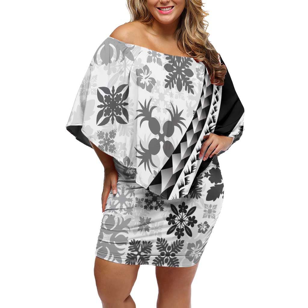 Black Hawaiian Quilt Pattern Off Shoulder Short Dress Mixed Polynesian Tribal Arty