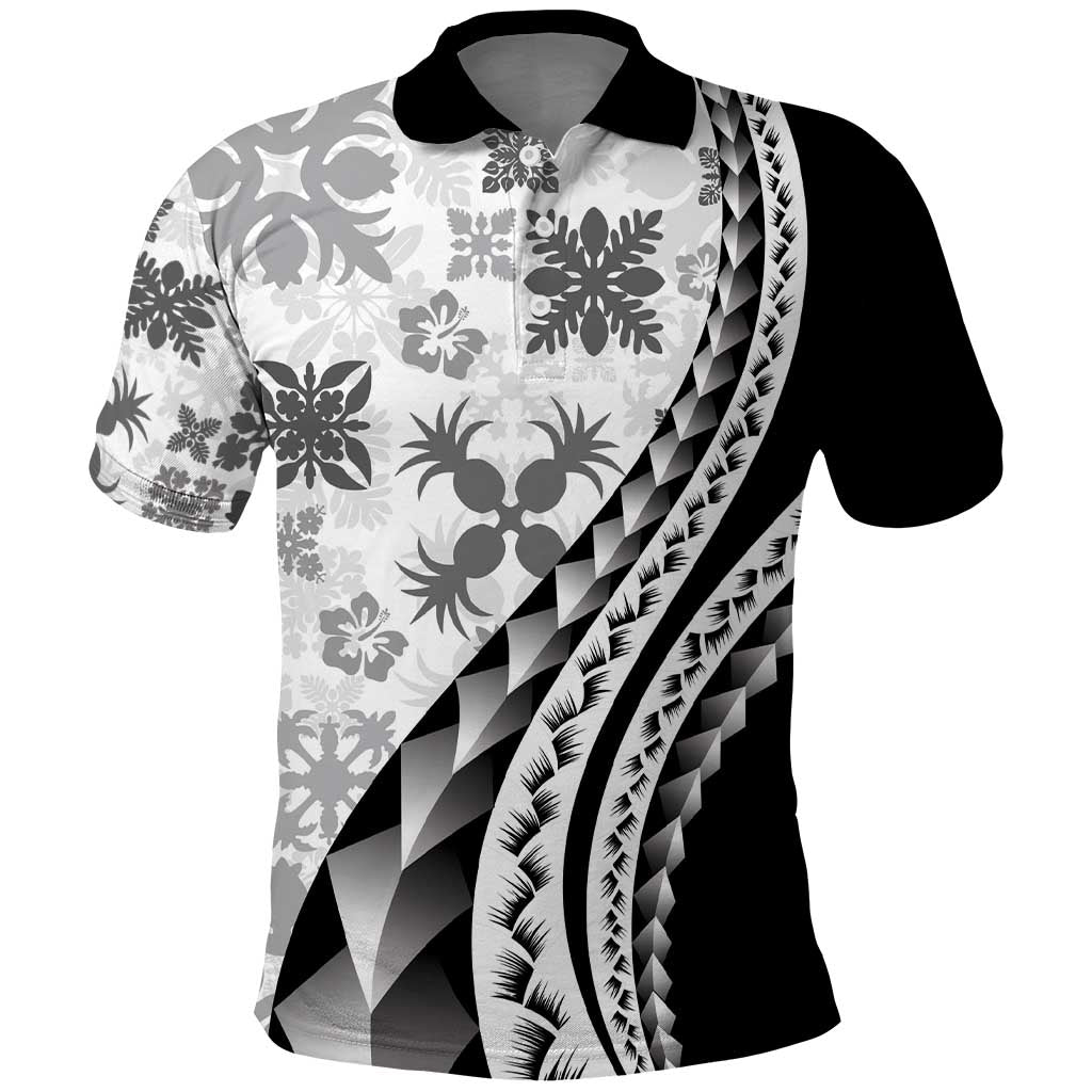 Black Hawaiian Quilt Pattern Polo Shirt Mixed Polynesian Tribal Arty
