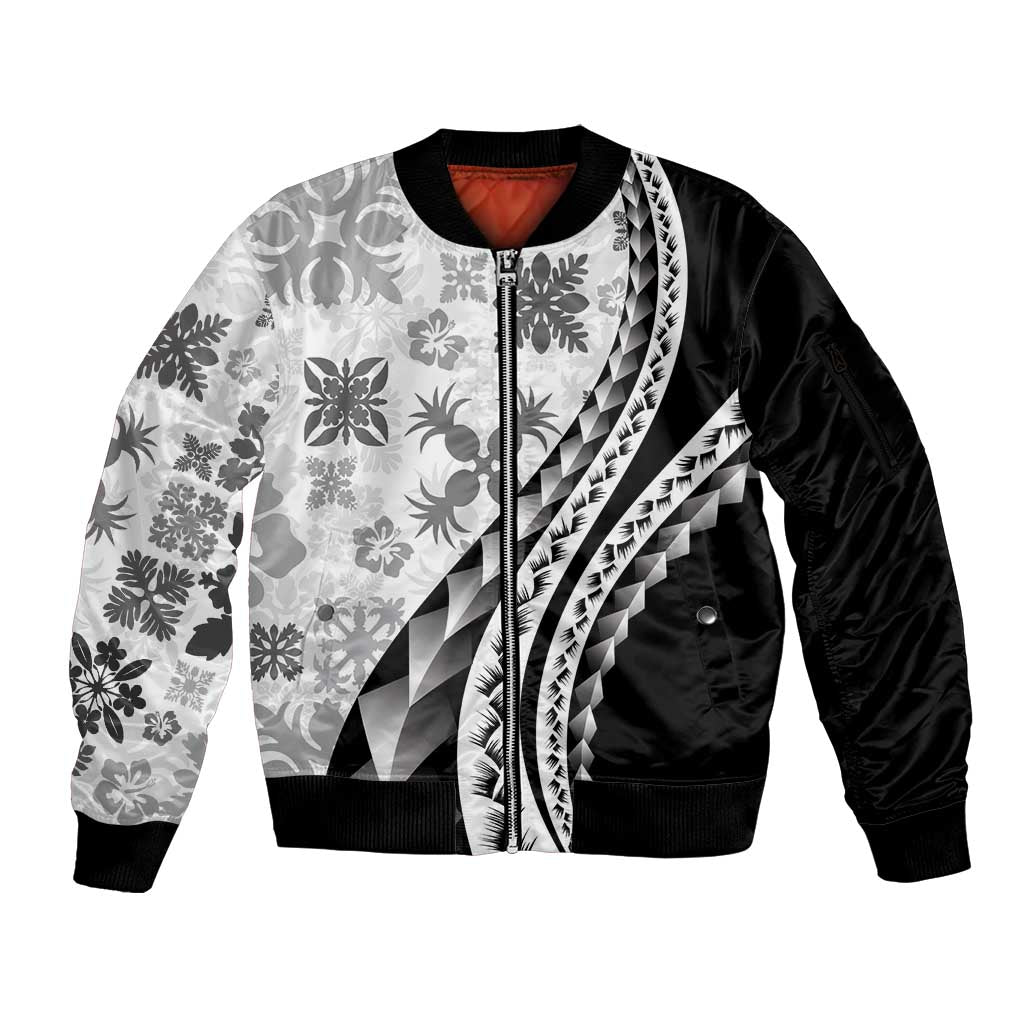Black Hawaiian Quilt Pattern Sleeve Zip Bomber Jacket Mixed Polynesian Tribal Arty