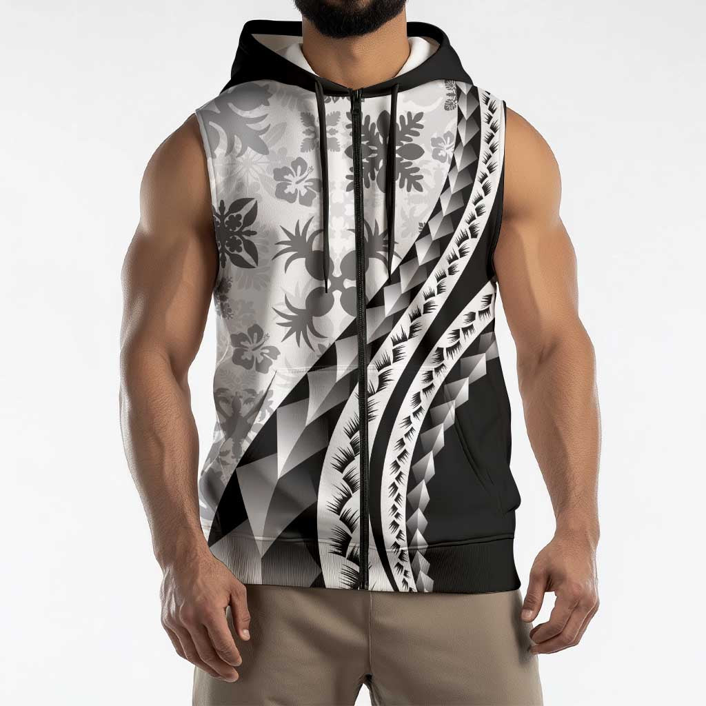 Black Hawaiian Quilt Pattern Sleeveless Zip Hoodie Mixed Polynesian Tribal Arty - Polynesian Pride