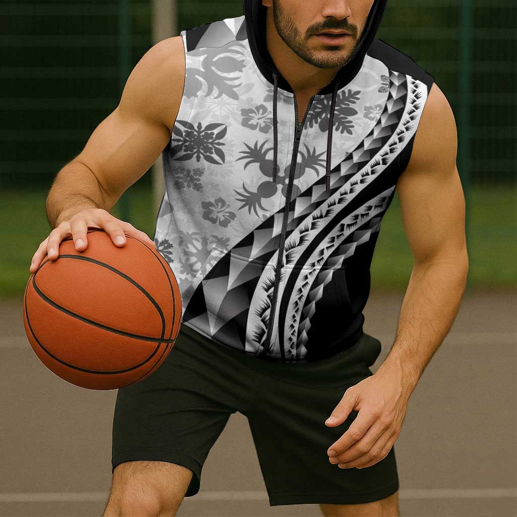 Black Hawaiian Quilt Pattern Sleeveless Zip Hoodie Mixed Polynesian Tribal Arty - Polynesian Pride