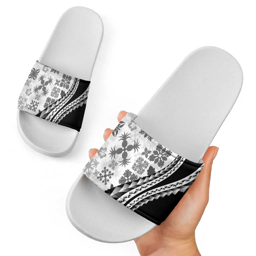 Black Hawaiian Quilt Pattern Slide Sandals Mixed Polynesian Tribal Arty - Polynesian Pride