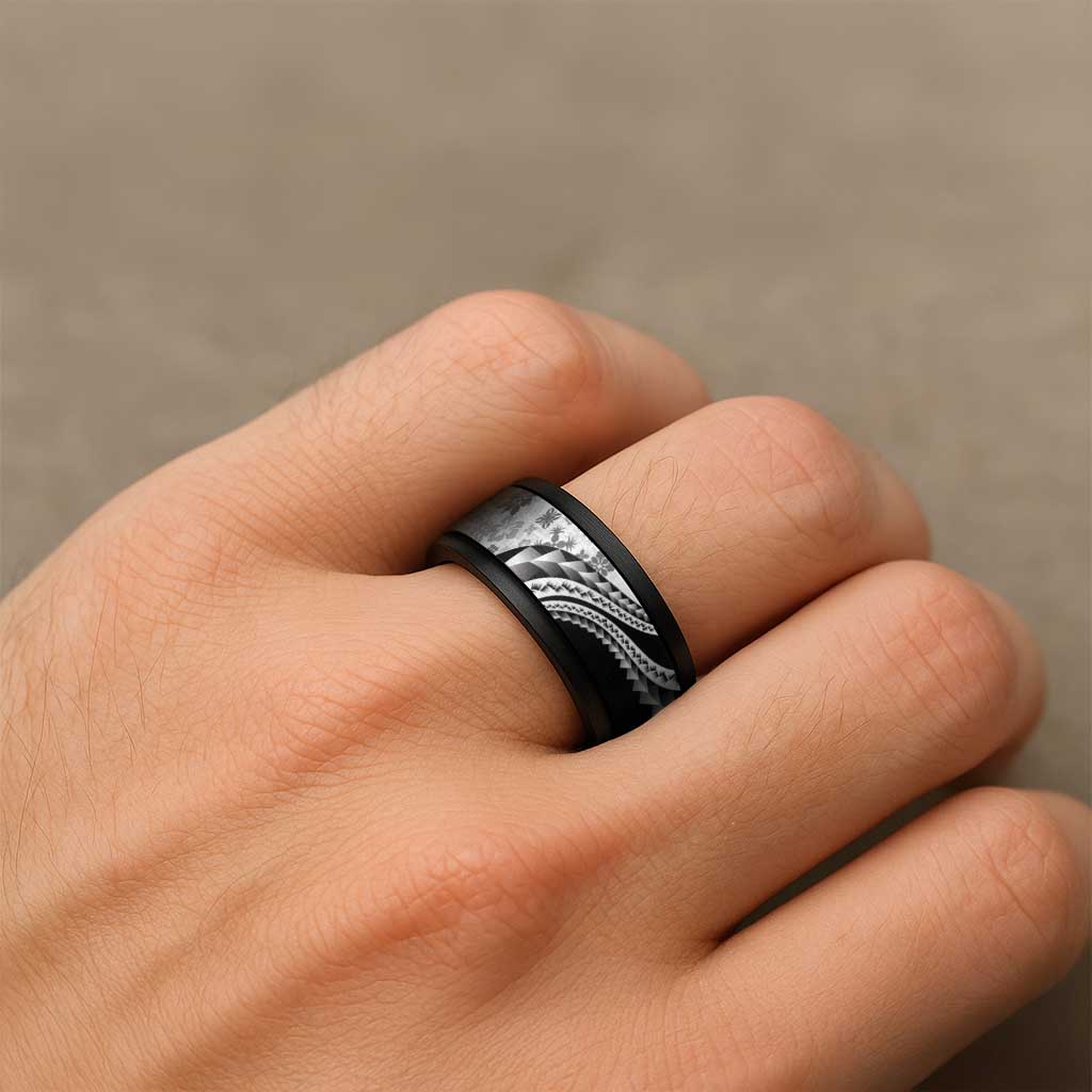 Black Hawaiian Quilt Pattern Spinner Ring Mixed Polynesian Tribal Arty - Polynesian Pride
