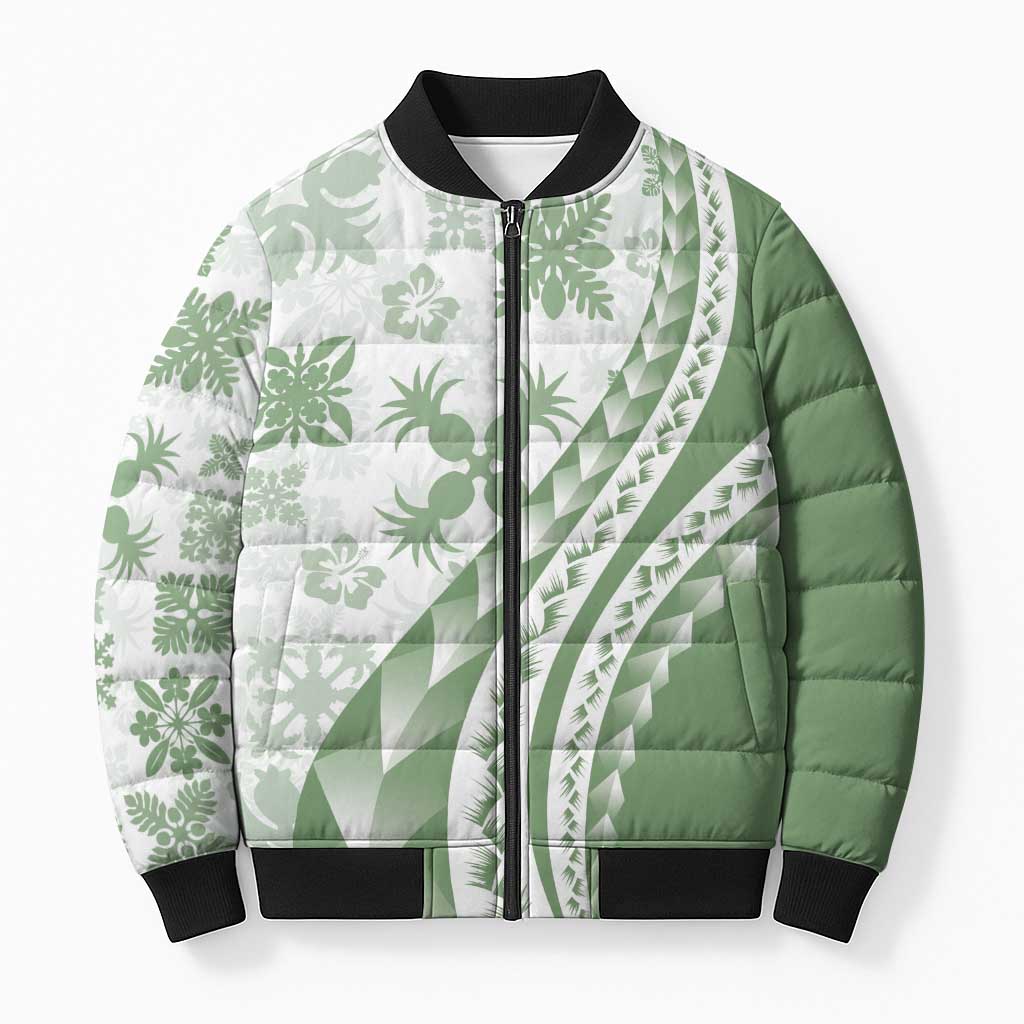 Green Hawaiian Quilt Pattern Bomber Puffer Jacket Mixed Polynesian Tribal Arty LT9 Unisex Green - Polynesian Pride