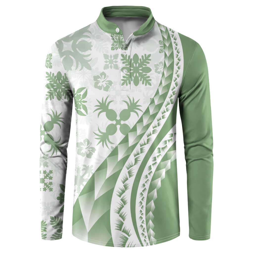 Green Hawaiian Quilt Pattern Button Sweatshirt Mixed Polynesian Tribal Arty LT9 Green - Polynesian Pride