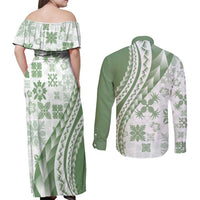 Green Hawaiian Quilt Pattern Couples Matching Off Shoulder Maxi Dress and Long Sleeve Button Shirt Mixed Polynesian Tribal Arty LT9 - Polynesian Pride