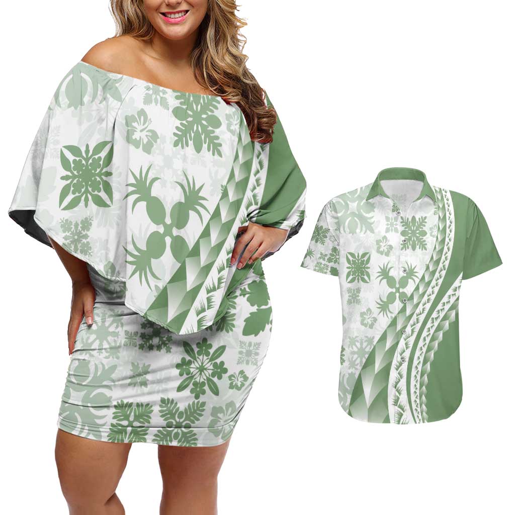 Green Hawaiian Quilt Pattern Couples Matching Off Shoulder Short Dress and Hawaiian Shirt Mixed Polynesian Tribal Arty LT9 Green - Polynesian Pride