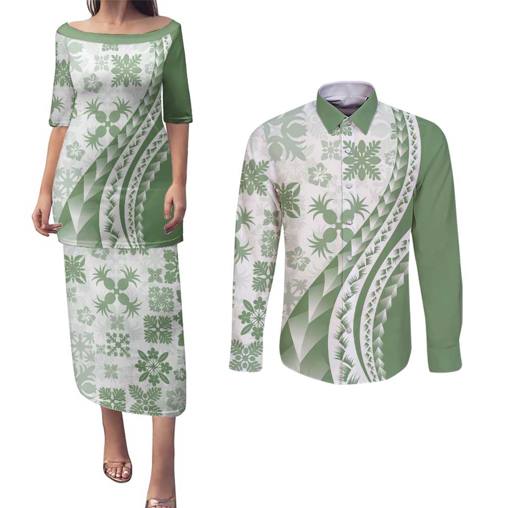 Green Hawaiian Quilt Pattern Couples Matching Puletasi and Long Sleeve Button Shirt Mixed Polynesian Tribal Arty LT9 Green - Polynesian Pride
