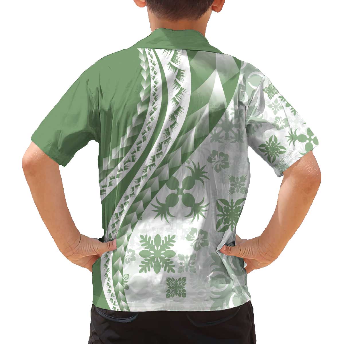 Green Hawaiian Quilt Pattern Family Matching Off The Shoulder Long Sleeve Dress and Hawaiian Shirt Mixed Polynesian Tribal Arty LT9 - Polynesian Pride