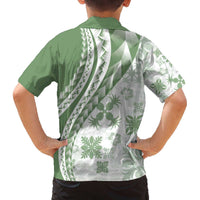 Green Hawaiian Quilt Pattern Family Matching Off The Shoulder Long Sleeve Dress and Hawaiian Shirt Mixed Polynesian Tribal Arty LT9 - Polynesian Pride