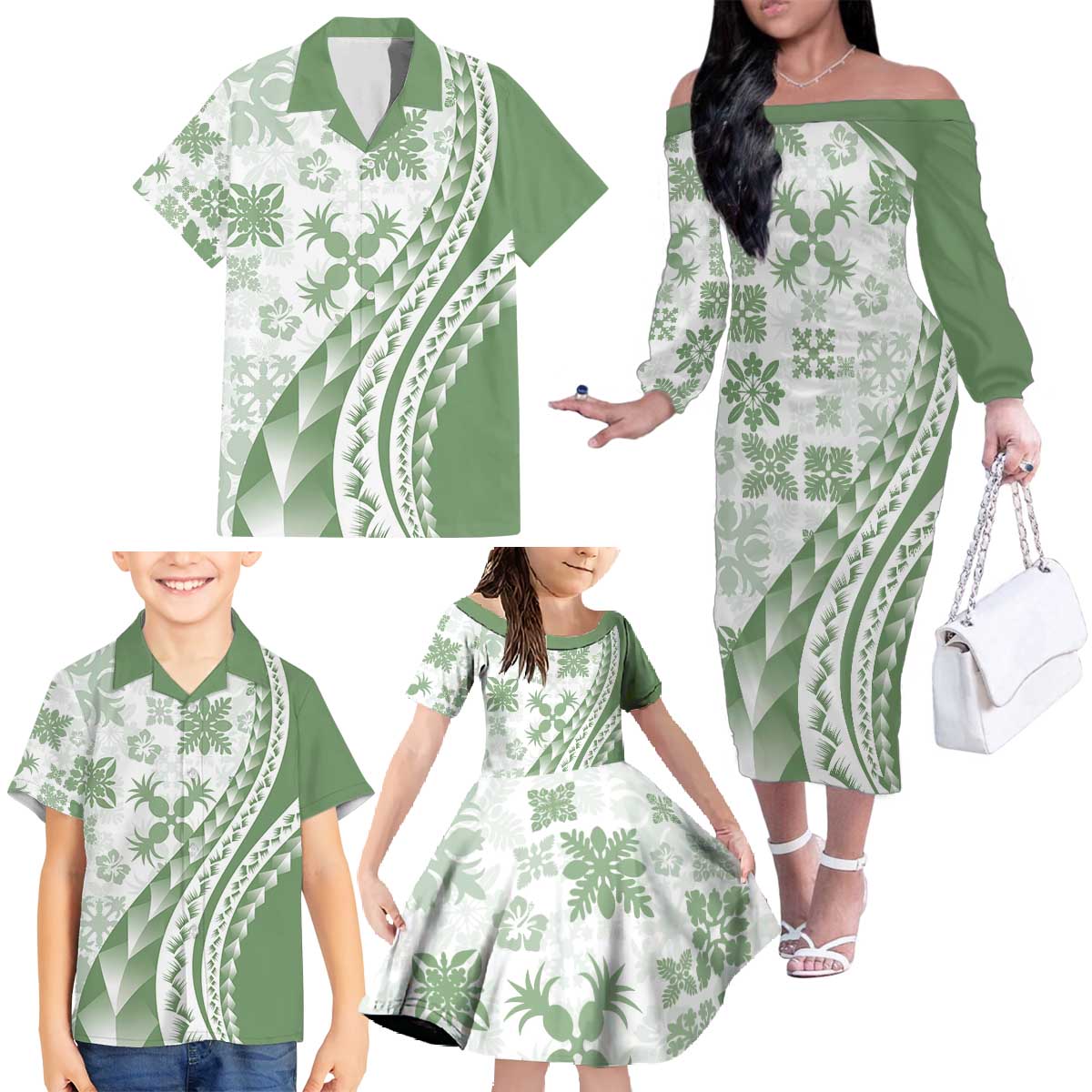 Green Hawaiian Quilt Pattern Family Matching Off The Shoulder Long Sleeve Dress and Hawaiian Shirt Mixed Polynesian Tribal Arty LT9 - Polynesian Pride