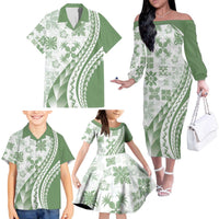 Green Hawaiian Quilt Pattern Family Matching Off The Shoulder Long Sleeve Dress and Hawaiian Shirt Mixed Polynesian Tribal Arty LT9 - Polynesian Pride