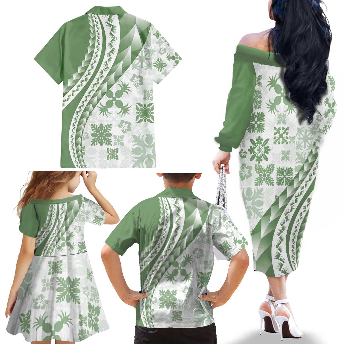 Green Hawaiian Quilt Pattern Family Matching Off The Shoulder Long Sleeve Dress and Hawaiian Shirt Mixed Polynesian Tribal Arty LT9 - Polynesian Pride