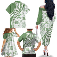 Green Hawaiian Quilt Pattern Family Matching Off The Shoulder Long Sleeve Dress and Hawaiian Shirt Mixed Polynesian Tribal Arty LT9 - Polynesian Pride