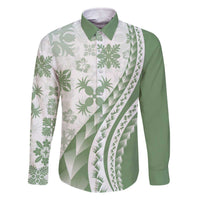 Green Hawaiian Quilt Pattern Family Matching Off The Shoulder Long Sleeve Dress and Hawaiian Shirt Mixed Polynesian Tribal Arty LT9 Dad's Shirt - Long Sleeve Green - Polynesian Pride