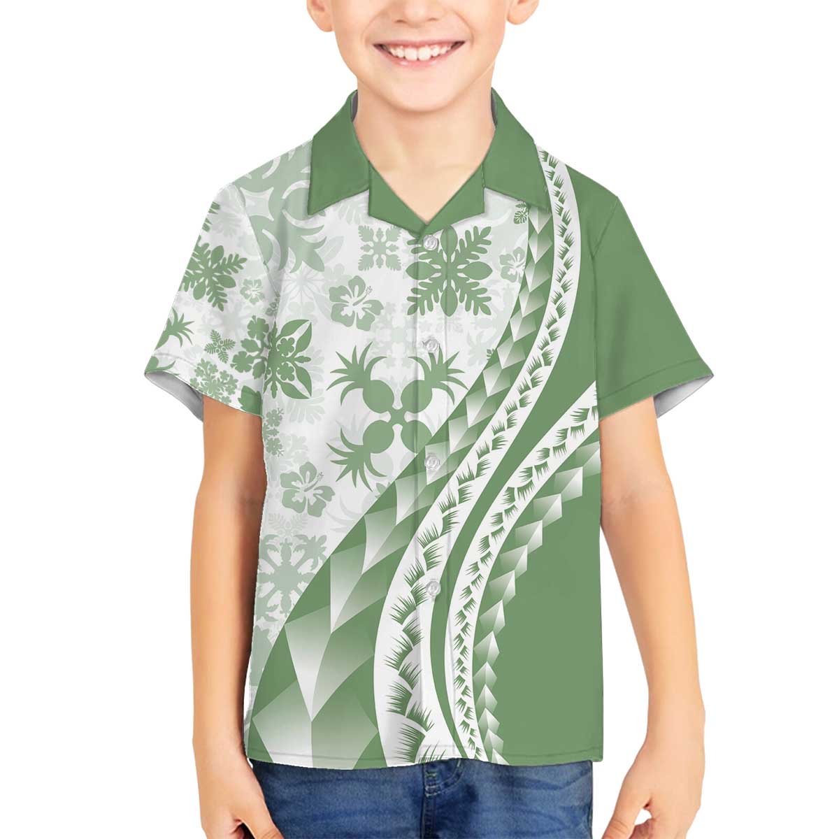 Green Hawaiian Quilt Pattern Family Matching Off The Shoulder Long Sleeve Dress and Hawaiian Shirt Mixed Polynesian Tribal Arty LT9 Son's Shirt Green - Polynesian Pride