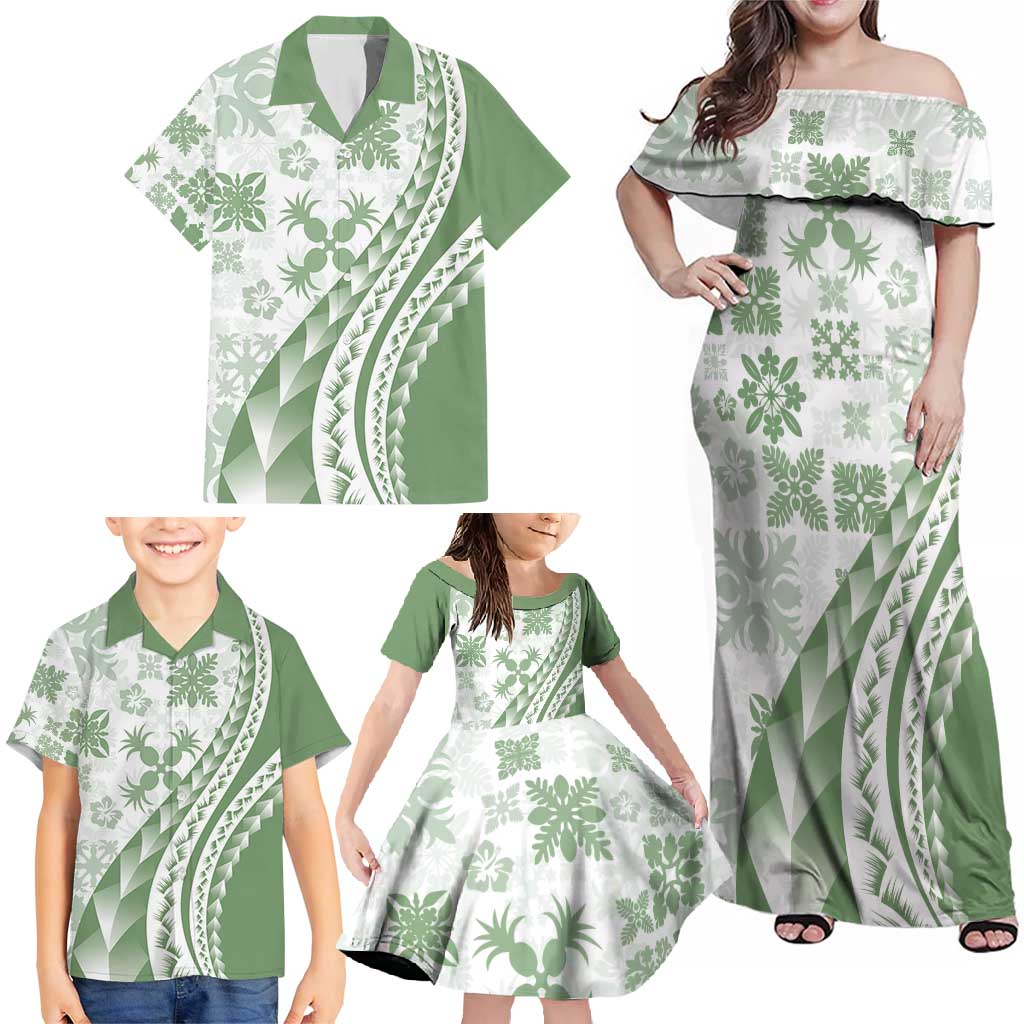 Green Hawaiian Quilt Pattern Family Matching Off Shoulder Maxi Dress and Hawaiian Shirt Mixed Polynesian Tribal Arty LT9 - Polynesian Pride