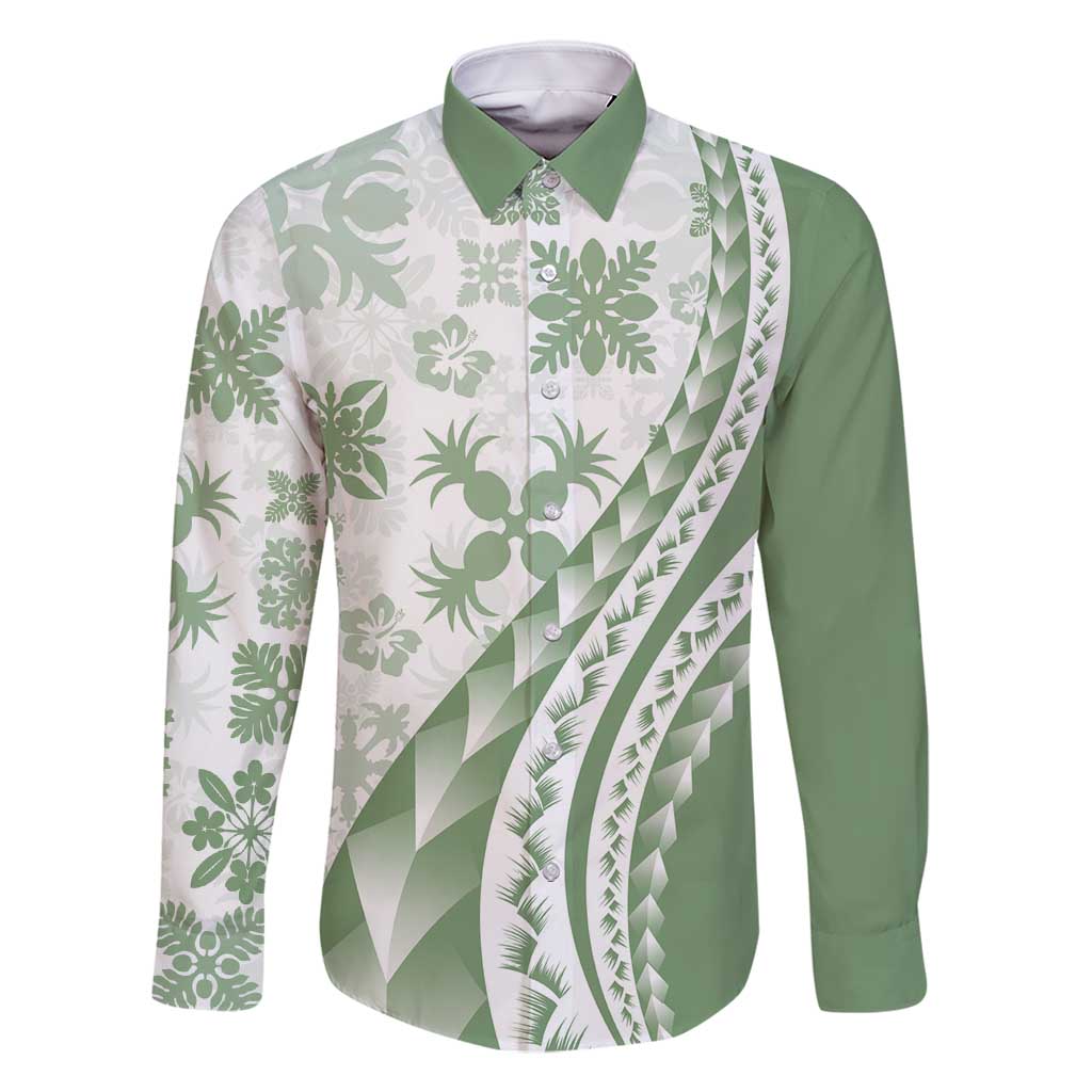 Green Hawaiian Quilt Pattern Family Matching Off Shoulder Maxi Dress and Hawaiian Shirt Mixed Polynesian Tribal Arty LT9 Dad's Shirt - Long Sleeve Green - Polynesian Pride