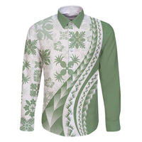 Green Hawaiian Quilt Pattern Family Matching Off Shoulder Maxi Dress and Hawaiian Shirt Mixed Polynesian Tribal Arty LT9 Dad's Shirt - Long Sleeve Green - Polynesian Pride