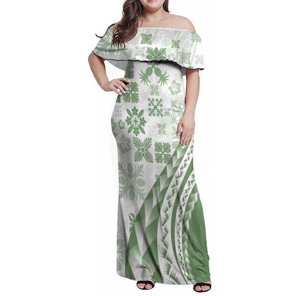 Green Hawaiian Quilt Pattern Family Matching Off Shoulder Maxi Dress and Hawaiian Shirt Mixed Polynesian Tribal Arty LT9 Mom's Dress Green - Polynesian Pride