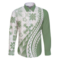 Green Hawaiian Quilt Pattern Family Matching Puletasi and Hawaiian Shirt Mixed Polynesian Tribal Arty