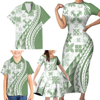 Green Hawaiian Quilt Pattern Family Matching Short Sleeve Bodycon Dress and Hawaiian Shirt Mixed Polynesian Tribal Arty LT9 - Polynesian Pride