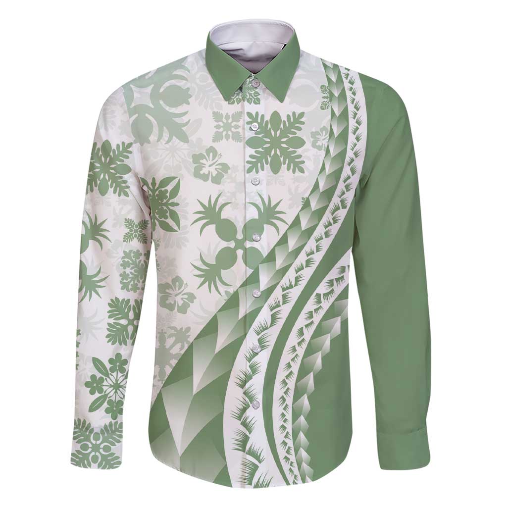 Green Hawaiian Quilt Pattern Family Matching Short Sleeve Bodycon Dress and Hawaiian Shirt Mixed Polynesian Tribal Arty LT9 Dad's Shirt - Long Sleeve Green - Polynesian Pride