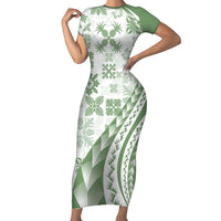 Green Hawaiian Quilt Pattern Family Matching Short Sleeve Bodycon Dress and Hawaiian Shirt Mixed Polynesian Tribal Arty LT9 Mom's Dress Green - Polynesian Pride