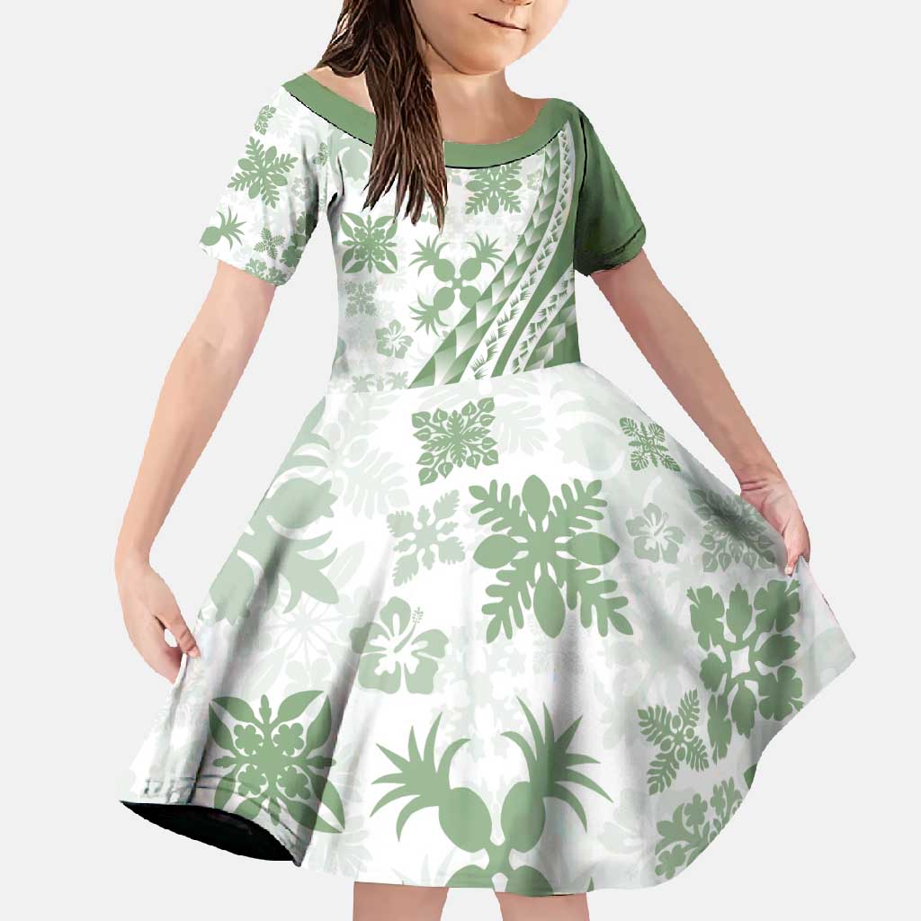 Green Hawaiian Quilt Pattern Family Matching Tank Maxi Dress and Hawaiian Shirt Mixed Polynesian Tribal Arty