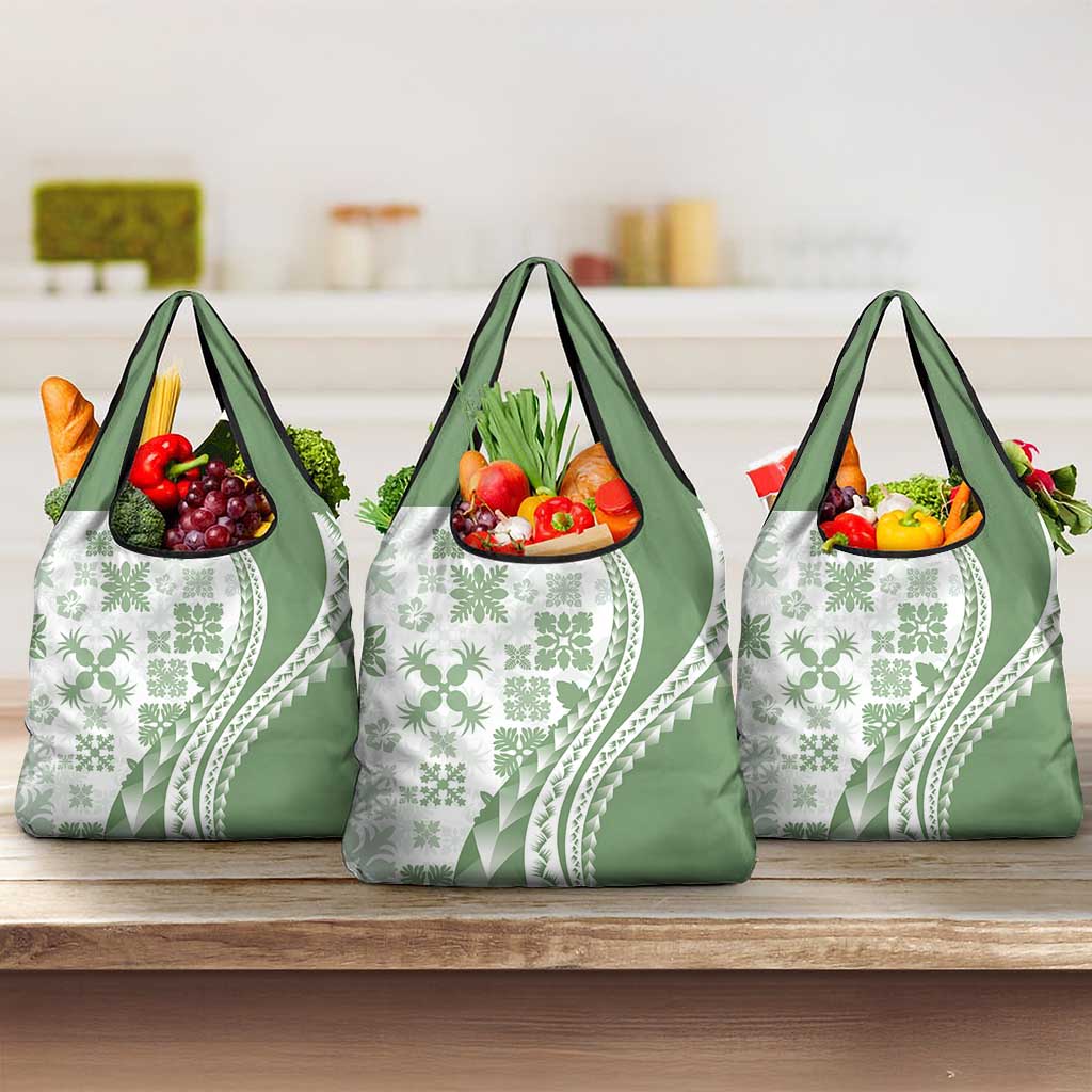 Green Hawaiian Quilt Pattern Grocery Bag Mixed Polynesian Tribal Arty