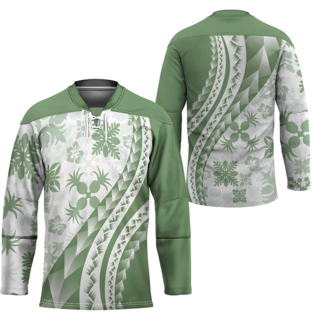 Green Hawaiian Quilt Pattern Hockey Jersey Mixed Polynesian Tribal Arty - Polynesian Pride